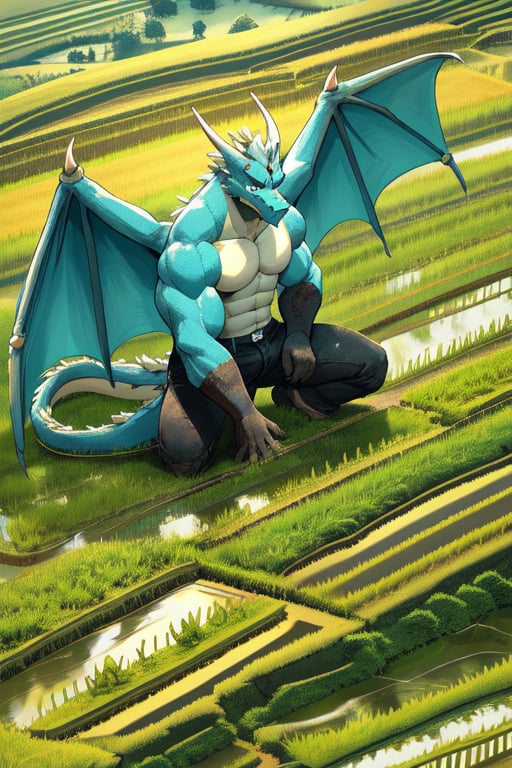 (Perfect eyes) a cyan dragon, white belly, muscle, two white horn, be a farmer, farming on terraces, growing rice on Terraces, wear black pant, dirty, dirty body, Planting paddy plants, two wings, Figure planting paddy 