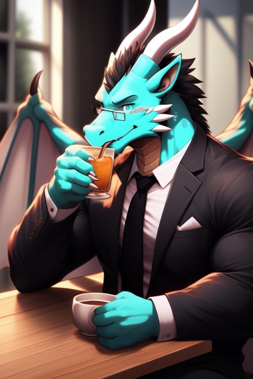 (perfect eyes) A cyan dragon, muscle, wear suit jacket, wear Glasses, two white horn, sitting near the table to drink tea, tea drinking pose, drink some tea, two wings 