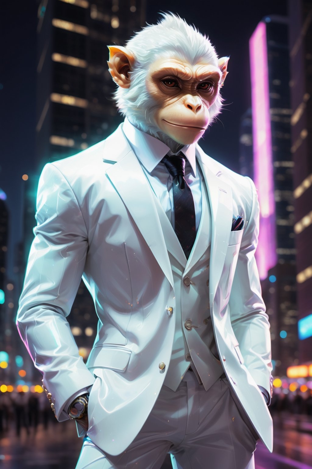 A detailed digital painting of monkey d lufffy in a white suit. The white suit is sleek and stylish, with a subtle diffraction pattern that shimmers in the light. Is standing in a city setting, with skyscrapers and neon lights reflecting off the suit. The pose is dynamic and action-packed, showcasing the power and agility of the character.
