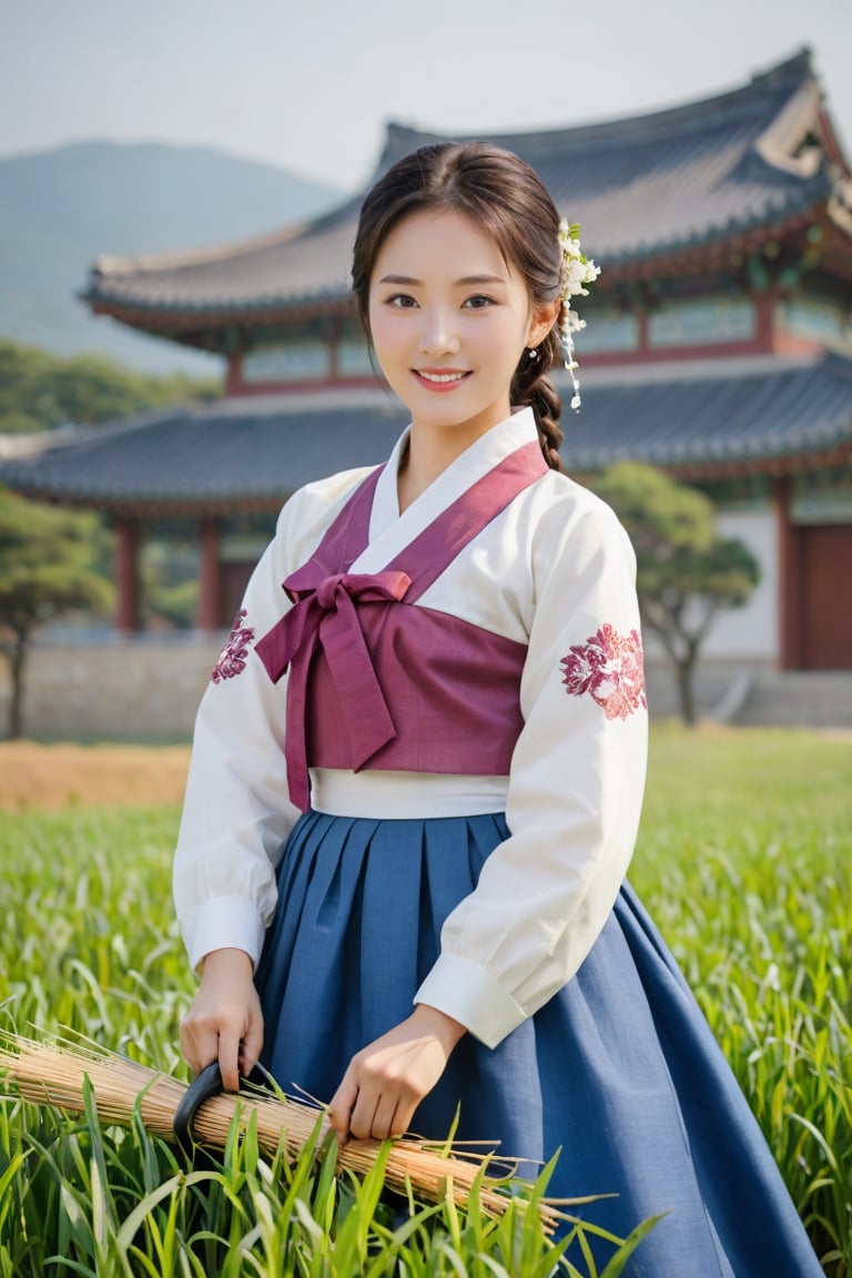 (1 23yo Korean star with royal sister style), ((best quality, 8k, masterpiece: 1.3)), focus: 1.2, perfect body beauty: 1.4, (smile: 1.2), (old palace in korea: 1.5), highly detailed face and skin texture, delicate eyes, dust, full body shot, Distant view, 
Beautiful 23 year old Korean woman wearing hanbok mowing the field with farming tools