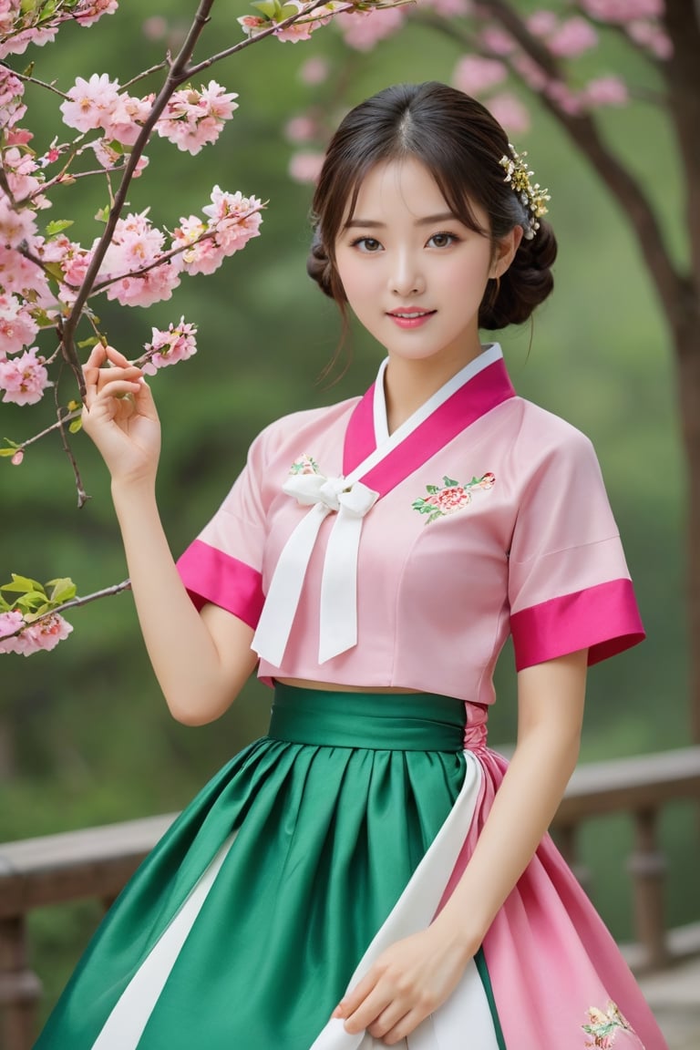 (1 23yo Korean star with royal sister style), ((best quality, 8k, masterpiece: 1.3)), focus: 1.2, perfect body beauty: 1.4, (smile: 1.2), (old palace in korea: 1.5), highly detailed face and skin texture, delicate eyes, double eyelids, whitened skin, (air bangs: 1.3), (round face: 1.5), hanbok (top pink and gold floral pattern short sleeve silk jeogori, intense green and white stripes silk very mini skirt, The goreum of the jeogori is pink:1.4), Lucky bag and norigae on the waist, Korea hanbok style, Top and bottom completely separated, random model pose, Head size in proportion to the body, Young beauty spirit, inkGirl, Hanbok, clear border, Clothing made of very thin silk, ((full body shot1.2)), FilmGirl, xxmix_girl, kwon-nara, cutegirlmix,cutegirlmix,kwon-nara, Asian Girl, Asian Woman