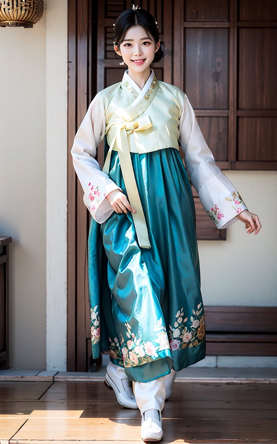 Girl,Drees,Black hair,short hair, colorful cloth, korea Traditional clothes), light smile, hua, (masterpiece:1.2, best quality), (Soft light), (shiny skin), 1girls,korea ink painting style,1girl, korea treditional cloth, hanbok, ,Realism,Extremely Realistic,Masterpiece,Young beauty spirit ,JeeSoo ,chinatsumura,Nice legs and hot body