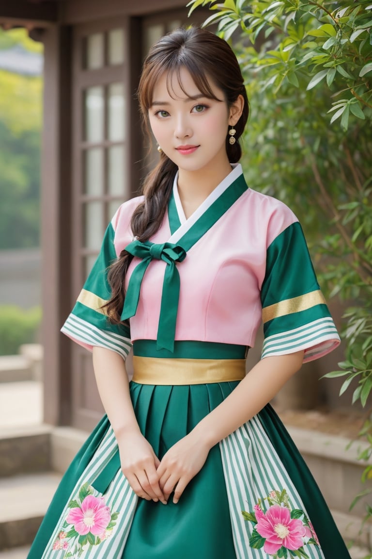 (1 23yo Korean star with royal sister style), ((best quality, 8k, masterpiece: 1.3)), focus: 1.2, perfect body beauty: 1.4, (smile: 1.2), (old palace in korea: 1.5), highly detailed face and skin texture, delicate eyes, double eyelids, whitened skin, (air bangs: 1.3), (round face: 1.5), hanbok (top pink and gold floral pattern short sleeve silk jeogori, intense green and white stripes silk very mini skirt, The goreum of the jeogori is pink:1.4), Lucky bag and norigae on the waist, Korea hanbok style, Top and bottom completely separated, random model pose, Head size in proportion to the body, Young beauty spirit, inkGirl, Hanbok, clear border, Clothing made of very thin silk, ((full body shot1.2)), FilmGirl, xxmix_girl, kwon-nara, cutegirlmix,cutegirlmix,kwon-nara, Asian Girl, Asian Woman