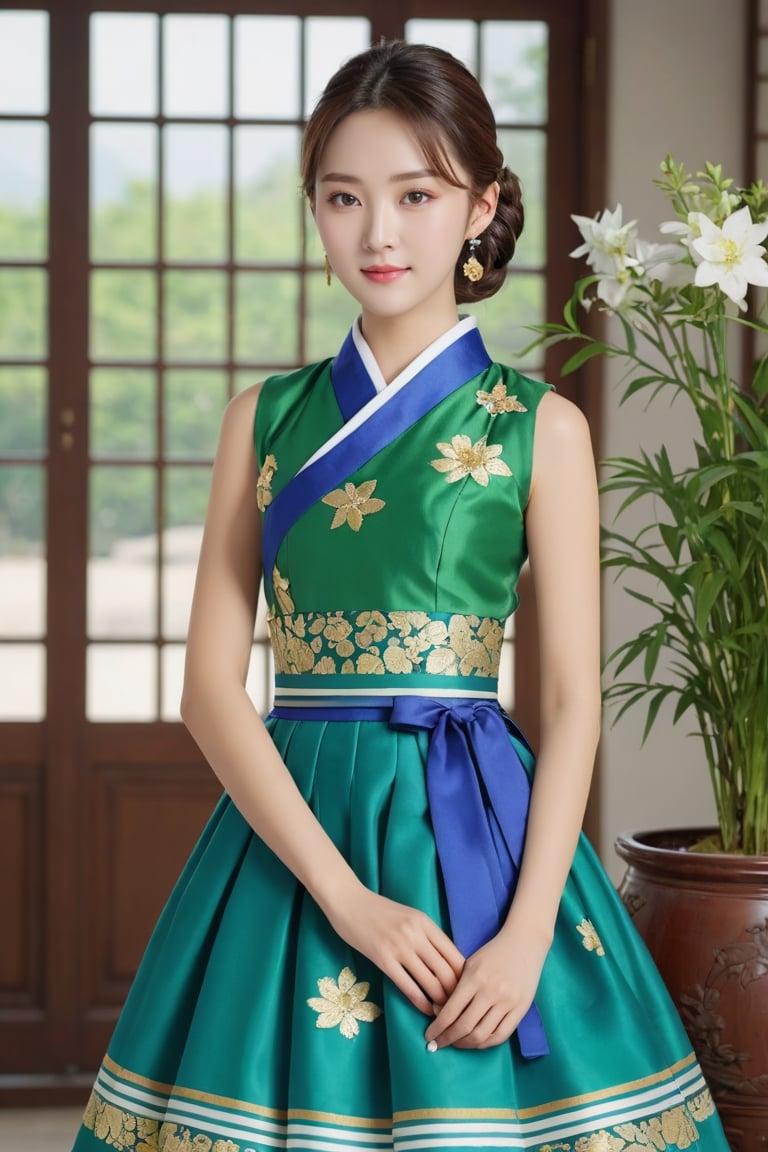 (1 23yo Korean star with royal sister style), ((best quality, 8k, masterpiece: 1.3)), focus: 1.2, perfect body beauty: 1.4, (smile: 1.2), (old palace in korea: 1.5), highly detailed face and skin texture, delicate eyes, double eyelids, whitened skin, (air bangs: 1.3), (round face: 1.5), hanbok (top green flower and gold floral pattern sleeveless silk jeogori, intense blue and white stripes silk very mini blue skirt, The goreum of the jeogori is green:1.4), Lucky bag and norigae on the waist, Korea hanbok style, Top and bottom completely separated, random model pose, Head size in proportion to the body, Young beauty spirit, inkGirl, Hanbok, clear border, Clothing made of very thin silk, ((full body shot1.2)), FilmGirl, xxmix_girl, kwon-nara, cutegirlmix,cutegirlmix,kwon-nara, Asian Girl, Asian Woman