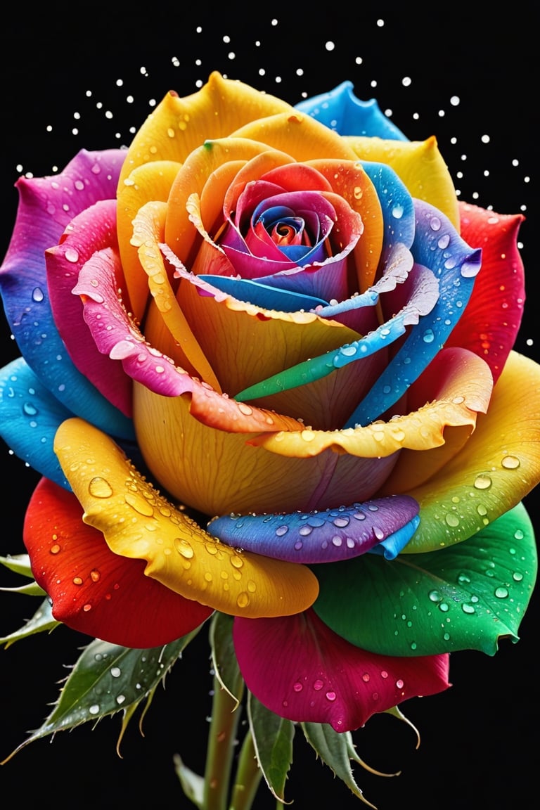 The appearance of colorful and colorful rose.
The background shows rainbow-colored powder spreading like an explosion. Water droplets moistening the rose flower.
It is so ridiculous that it is hard to distinguish the front,

Ultra-detailed, ultra-realistic, Ultra clear, full body shot, 