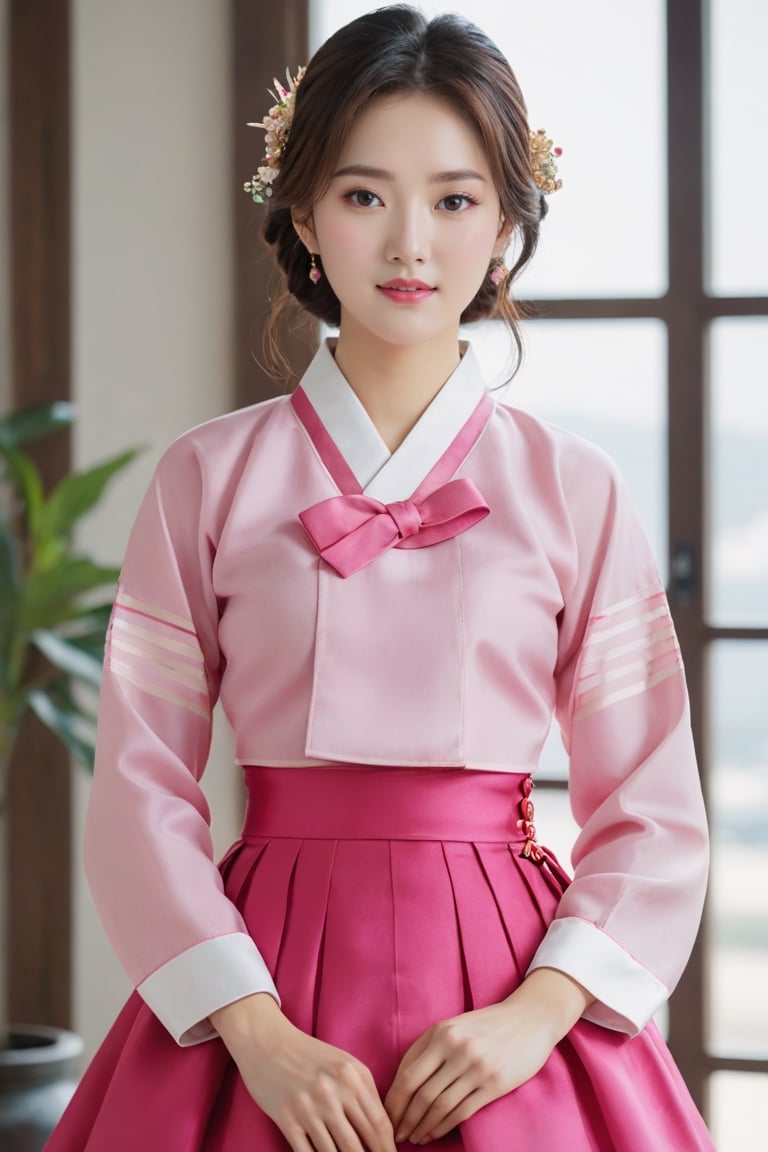 (1 Korean star with royal sister style), ((best quality, 8k, masterpiece: 1.3)), focus: 1.2, perfect body beauty: 1.4, (smile), (The background is Gwanghwamun,Seoul,Korea: 1.3), highly detailed face and skin texture, delicate eyes, double eyelids, whitened skin, (air bangs: 1.3), (round face: 1.5), hanbok (top red silk jeogori, intense pink stripes silk skirt, The goreum of the jeogori is dark pink:1.4), Lucky bag and norigae on the waist, Korea hanbok style, Top and bottom completely separated,  Young beauty spirit ,Realism,JeeSoo ,LinkGirl,Hanbok,FilmGirl,xxmix_girl