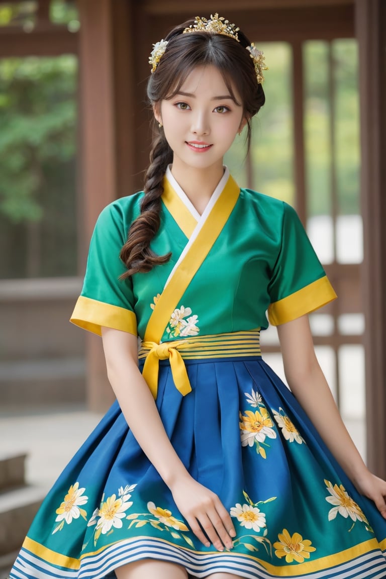 (1 23yo Korean star with royal sister style), ((best quality, 8k, masterpiece: 1.3)), focus: 1.2, perfect body beauty: 1.4, (smile: 1.2), (old palace in korea: 1.5), highly detailed face and skin texture, delicate eyes, double eyelids, whitened skin, (air bangs: 1.3), (round face: 1.5), hanbok (top gold and yellow floral pattern short sleeve silk jeogori, intense green and blue stripes silk very mini skirt, The goreum of the jeogori is blue:1.4), Lucky bag and norigae on the waist, Korea hanbok style, Top and bottom completely separated, random model pose, Head size in proportion to the body, Young beauty spirit, inkGirl, Hanbok, clear border, Clothing made of very thin silk, ((full body shot1.2)), FilmGirl, xxmix_girl, kwon-nara, cutegirlmix,cutegirlmix,kwon-nara, Asian Girl, Asian Woman