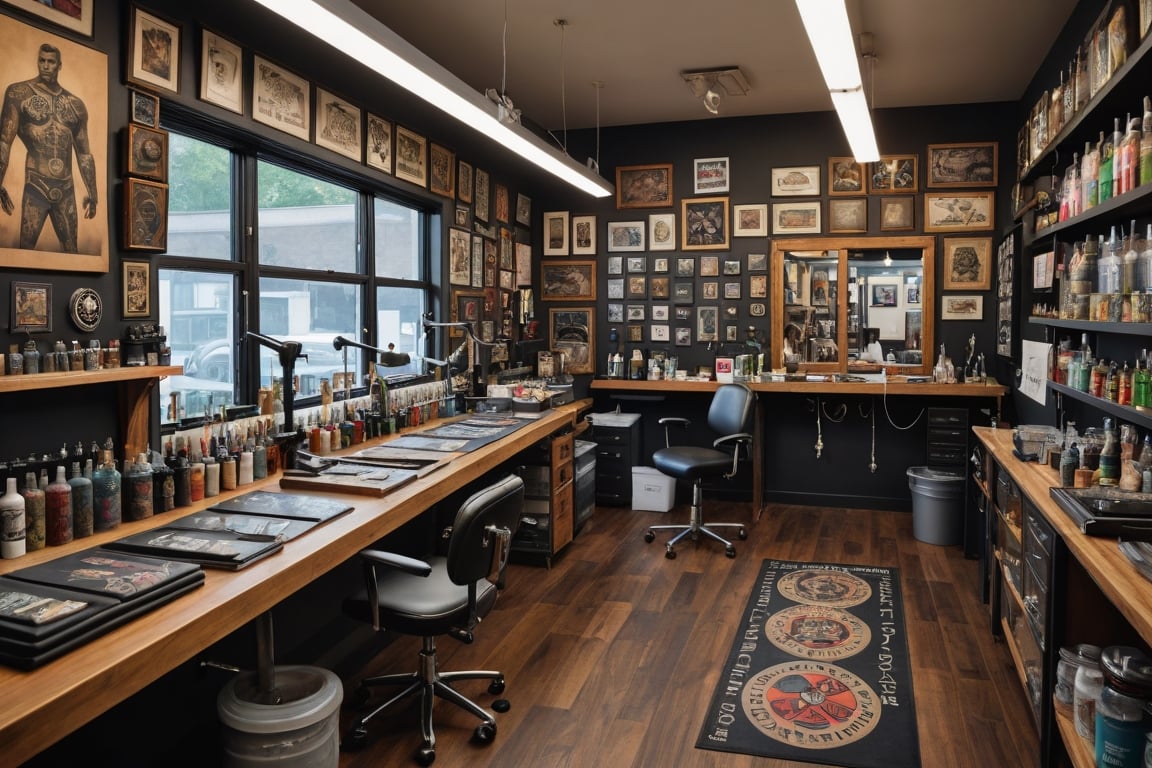 Inside the tattoo shop, there is a workbench, various tattoo equipment, and various tattoo samples hanging on a line.
Ultra-detailed, ultra-realistic, Ultra clear, full body shot, Ultra close-up photography