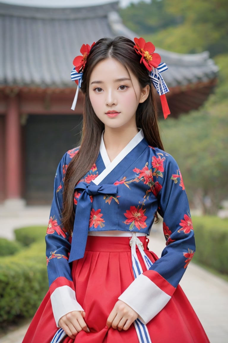 (1 23yo Korean star with royal sister style), ((best quality, 8k, masterpiece: 1.3)), focus: 1.2, perfect body beauty: 1.4, (smile), (old palace in korea: 1.3), highly detailed face and skin texture, delicate eyes, double eyelids, whitened skin, (air bangs: 1.3), (round face: 1.5), hanbok (top red flower and floral pattern silk jeogori, intense blue stripes silk skirt, The goreum of the jeogori is white:1.4), Lucky bag and norigae on the waist, Korea hanbok style, Top and bottom completely separated, random model pose, Head size in proportion to the body, Young beauty spirit, inkGirl, Hanbok,A woman wearing a long skirt that extends from her head to her shoulders, waist, and buttocks so that only a little of her face is visible.  FilmGirl, xxmix_girl, kwon-nara, cutegirlmix,cutegirlmix,kwon-nara,Asian,Asian Girl
,Asian Girl,Asian Woman