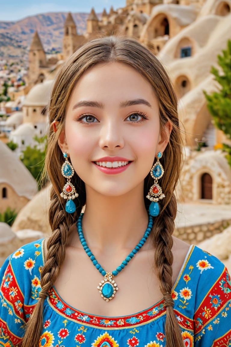 (1 22yo beauy girl), best quality, 8k, masterpiece, focus, perfect body beauty, highly detailed face and skin texture, delicate eyes, double eyelids, whitened skin,  Young beauty spirit, (bright smile), 
((The hair style and color is random, the necklace is random, the earrings are random, clothes style and color and pattern is random,  and the shoes are random, pose is random)). ((The background is randomly selected from famous tourist attractions in Cappadocia in Turkye)), The overall atmosphere is bright and colorful.
Ultra-clear, ultra-detailed, ultra-realistic, (((full body shot))), ,photo_b00ster