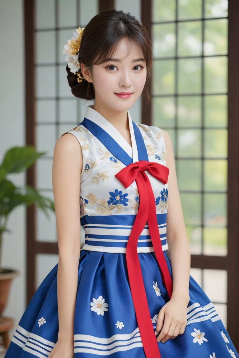 (1 23yo Korean star with royal sister style), ((best quality, 8k, masterpiece: 1.3)), focus: 1.2, perfect body beauty: 1.4, (smile: 1.2), (old palace in korea: 1.5), highly detailed face and skin texture, delicate eyes, double eyelids, whitened skin, (air bangs: 1.3), (round face: 1.5), hanbok (top blue flower and gold floral pattern sleeveless silk jeogori, intense blue and white stripes very mini blue silk skirt, The goreum of the jeogori is blue:1.4), Lucky bag and norigae on the waist, Korea hanbok style, Top and bottom completely separated, random model pose, Head size in proportion to the body, Young beauty spirit, inkGirl, Hanbok, clear border, Clothing made of very thin silk, ((full body shot1.2)), FilmGirl, xxmix_girl, kwon-nara, cutegirlmix,cutegirlmix,kwon-nara, Asian Girl, Asian Woman