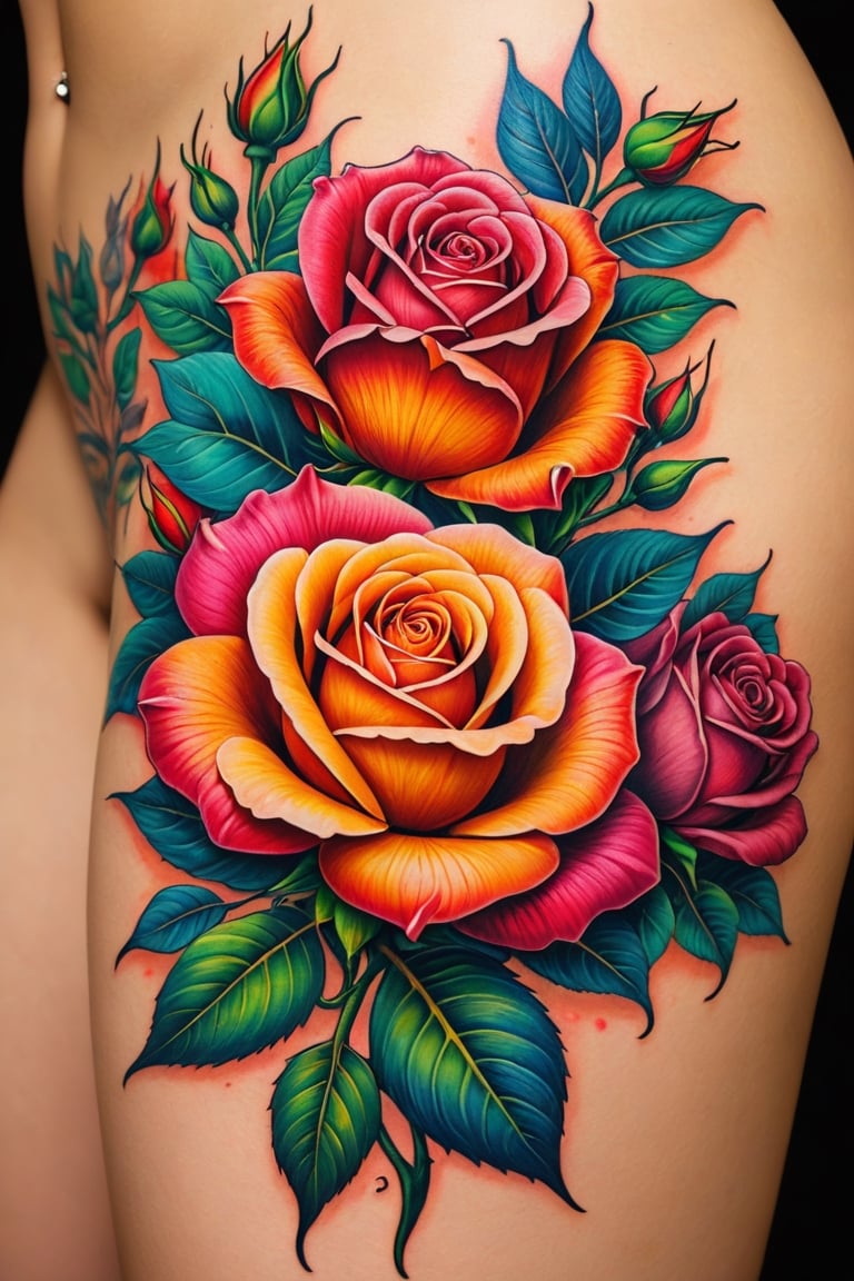 Multicolored rose tattoos on the entire body of a beautiful woman.

Ultra-detailed, ultra-realistic, Ultra clear, full body shot, Ultra close-up photography