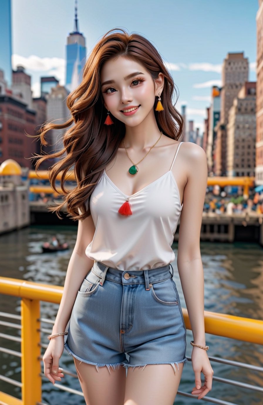 (1 22yo beauy girl), best quality, 8k, masterpiece, focus, perfect body beauty, highly detailed face and skin texture, delicate eyes, double eyelids, whitened skin,  Young beauty spirit, (bright smile), 
((The hair style and color is random, the necklace is random, the earrings are random, clothes style and color is random,  and the shoes are random, pose is random)). ((The background is to random New York's representative tourist destinations)), 
Ultra-clear, ultra-detailed, ultra-realistic, ((full body shot)), ,real_booster,photo_b00ster,aesthetic portrait,xxmix_girl