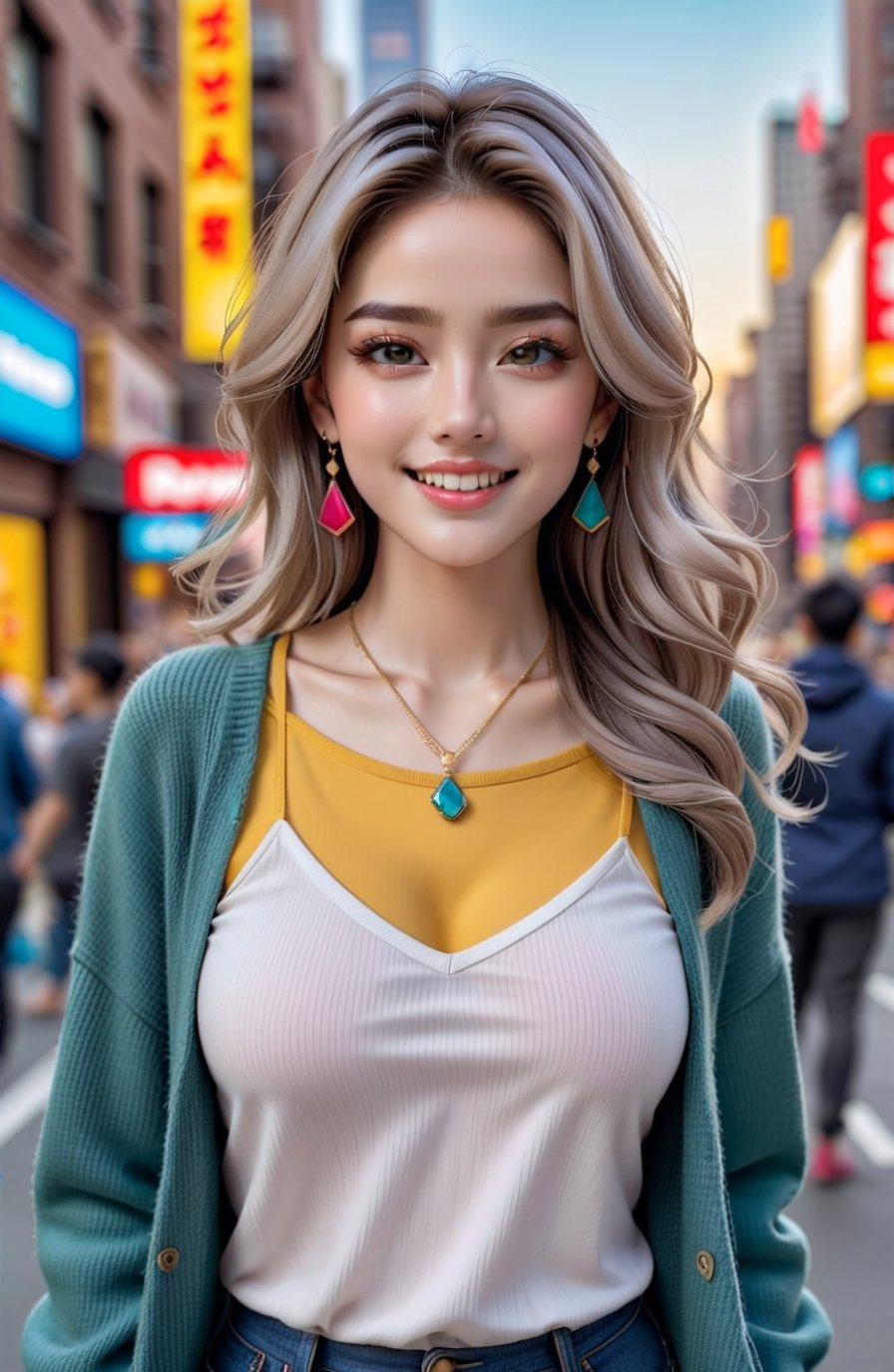 (1 22yo beauy girl), best quality, 8k, masterpiece, focus, perfect body beauty, highly detailed face and skin texture, delicate eyes, double eyelids, whitened skin,  Young beauty spirit, (bright smile), 
((The hair style and color is random, the necklace is random, the earrings are random, clothes style and color is random,  and the shoes are random, pose is random)). ((The background is to random New York's representative tourist destinations)), 
Ultra-clear, ultra-detailed, ultra-realistic, ((full body shot)), ,real_booster,photo_b00ster,aesthetic portrait,xxmix_girl