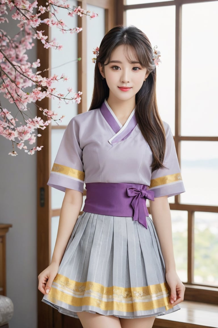 (1 23yo Korean star with royal sister style), ((best quality, 8k, masterpiece: 1.3)), focus: 1.2, perfect body beauty: 1.4, (smile: 1.2), (old palace in korea: 1.5), highly detailed face and skin texture, delicate eyes, double eyelids, whitened skin, (air bangs: 1.3), (round face: 1.5), hanbok (top light gray and gold floral pattern short sleeve silk jeogori, intense light purple and white stripes silk very mini skirt, The goreum of the jeogori is light gray:1.4), Lucky bag and norigae on the waist, Korea hanbok style, Top and bottom completely separated, random model pose, Head size in proportion to the body, Young beauty spirit, inkGirl, Hanbok, clear border, Clothing made of very thin silk, ((full body shot1.2)), FilmGirl, xxmix_girl, kwon-nara, cutegirlmix,cutegirlmix,kwon-nara, Asian Girl, Asian Woman