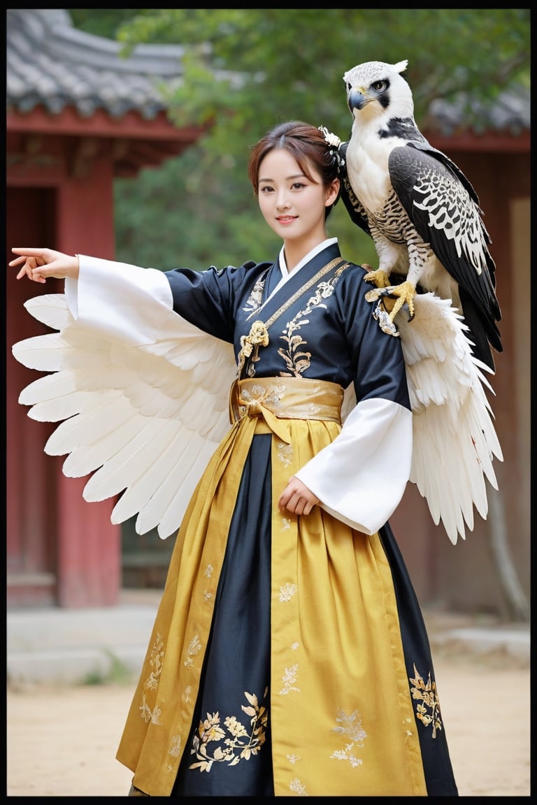 (1 23yo Korean star with royal sister style), ((best quality, 8k, masterpiece: 1.3)), focus: 1.2, perfect body beauty: 1.4, (smile: 1.2), (old palace in korea: 1.5), highly detailed face and skin texture, delicate eyes, double eyelids, whitened skin, (air bangs: 1.3), (round face: 1.5)), harpy eagle flying, Woman training a harpy eagle, Harpy eagle spreading its wings from woman's shoulder
Woman wearing traditional Korean dress black and gold Cheollik

random model pose, Head size in proportion to the body, Young beauty spirit, inkGirl, Hanbok, clear border, Clothing made of very thin silk, ((full body shot1.2)), FilmGirl, xxmix_girl, kwon-nara, cutegirlmix,cutegirlmix,kwon-nara, Asian Girl, Asian Woman