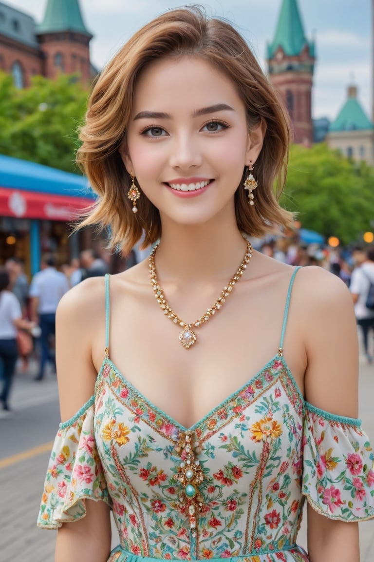 (1 22yo beauy girl), best quality, 8k, masterpiece, focus, perfect body beauty, highly detailed face and skin texture, delicate eyes, double eyelids, whitened skin,  Young beauty spirit, (bright smile), 
((The hair style and color is random, the necklace is random, the earrings are random, clothes style and color is random,  and the shoes are random, pose is random)). ((The background is a random selection of famous tourist attractions in the city of Toronto, Canada.)), 
Ultra-clear, ultra-detailed, ultra-realistic, ((full body shot)), 