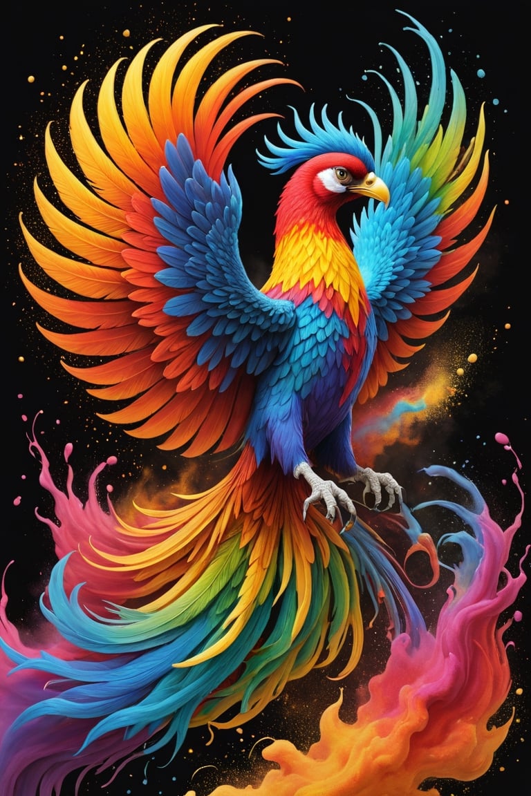 A blazing phoenix surrounded by flames.
The background shows rainbow-colored powder spreading like an explosion. 
It is so ridiculous that it is hard to distinguish the front,

Ultra-detailed, ultra-realistic, Ultra clear, full body shot, 