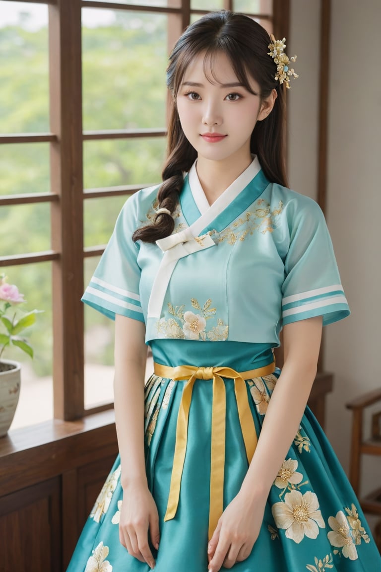 (1 23yo Korean star with royal sister style), ((best quality, 8k, masterpiece: 1.3)), focus: 1.2, perfect body beauty: 1.4, (smile: 1.2), (old palace in korea: 1.5), highly detailed face and skin texture, delicate eyes, double eyelids, whitened skin, (air bangs: 1.3), (round face: 1.5), hanbok (top light blue and gold floral pattern short sleeve silk jeogori, intense green and white stripes silk very mini skirt, The goreum of the jeogori is light blue:1.4), Lucky bag and norigae on the waist, Korea hanbok style, Top and bottom completely separated, random model pose, Head size in proportion to the body, Young beauty spirit, inkGirl, Hanbok, clear border, Clothing made of very thin silk, ((full body shot1.2)), FilmGirl, xxmix_girl, kwon-nara, cutegirlmix,cutegirlmix,kwon-nara, Asian Girl, Asian Woman