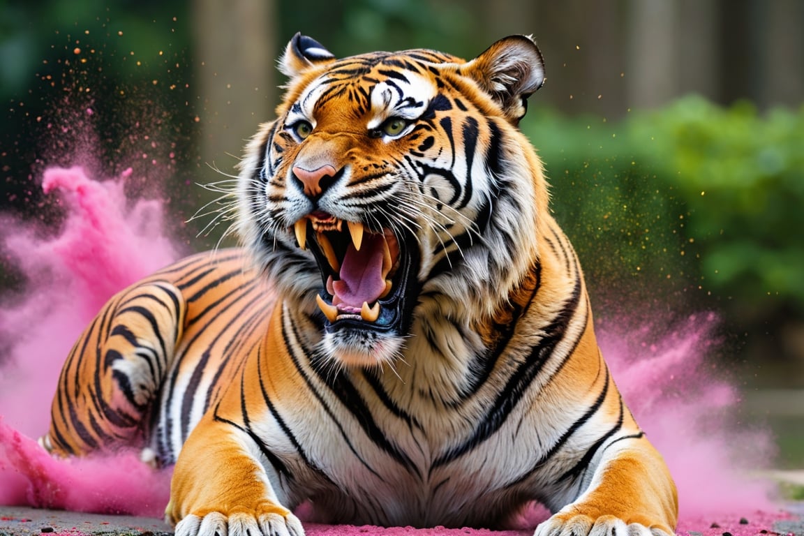 The appearance of colorful and colorful tiger. roaring tiger
The background shows rainbow-colored powder spreading like an explosion.
It is so ridiculous that it is hard to distinguish the front,

only asian dragon, Ultra close-up photography, Ultra-detailed, ultra-realistic, full body shot, 