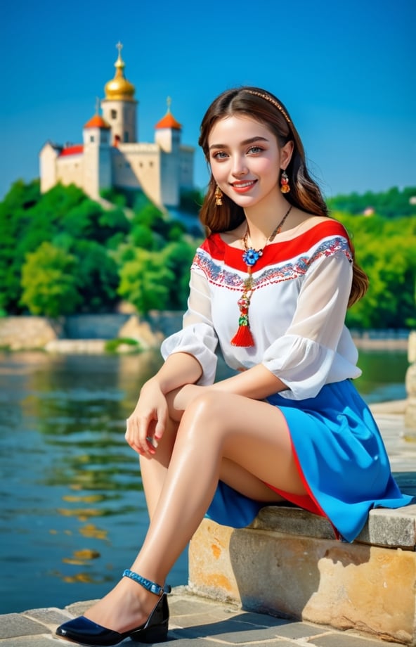 (full body shot),(beautiful shoes and knees:1.4), (Distant view), best quality,(1 22yo beauy girl),  (bright smile:1.5), (Masterpiece,Best quality, 32k, UHD, Sharp focus), High contrast,HDR,trending on artstation,Hyper-detailed,intricate details,Hyper-Realistic,Award-Winning Photo,Kodachrome 800, focus, perfect body beauty, highly detailed face and skin texture, (very light and white skin), delicate eyes, double eyelids, whitened skin,  Young beauty spirit,
((The hair style and color is random, the necklace is random, the earrings are random, Clothes are worn randomly among Serbia traditional clothes, and the shoes are random, pose is random)). ((The background is the Petro Varadin fortress located along the Danube River in Novi Sad, Serbia)), ((Create an image with a beautifully composed background, featuring a diminutive model in the foreground)), The overall atmosphere is bright and colorful.
Ultra-clear, ultra-detailed, ultra-realistic ,photo_b00ster,Korean