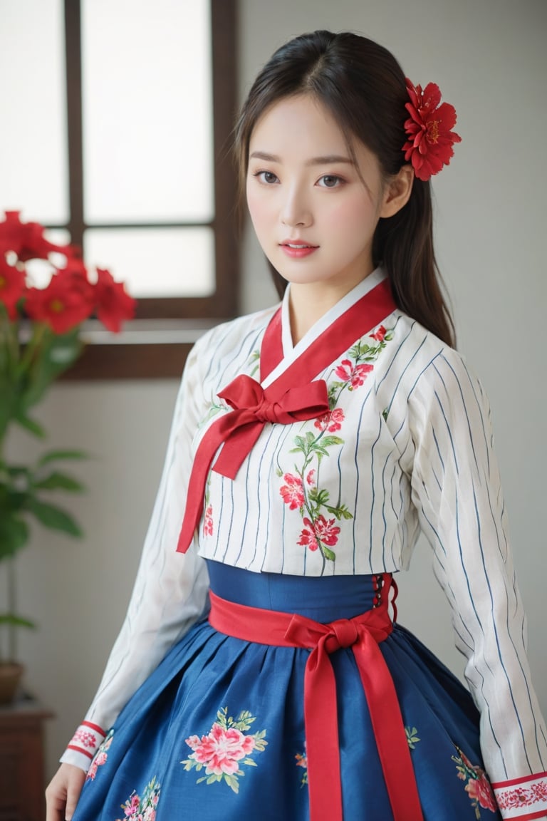 (1 Korean star with royal sister style), ((best quality, 8k, masterpiece: 1.3)), focus: 1.2, perfect body beauty: 1.4, (smile), (old palace in korea: 1.3), highly detailed face and skin texture, delicate eyes, double eyelids, whitened skin, (air bangs: 1.3), (round face: 1.5), hanbok (top red flower and floral pattern silk jeogori, intense blue stripes silk skirt, The goreum of the jeogori is white:1.4), Lucky bag and norigae on the waist, Korea hanbok style, Top and bottom completely separated, random model pose, Head size in proportion to the body, Young beauty spirit, inkGirl, Hanbok,A woman wearing a long skirt that extends from her head to her shoulders, waist, and buttocks so that only a little of her face is visible.  FilmGirl, xxmix_girl, kwon-nara, cutegirlmix,cutegirlmix,kwon-nara,Asian,Asian Girl
,Asian Girl,Asian Woman