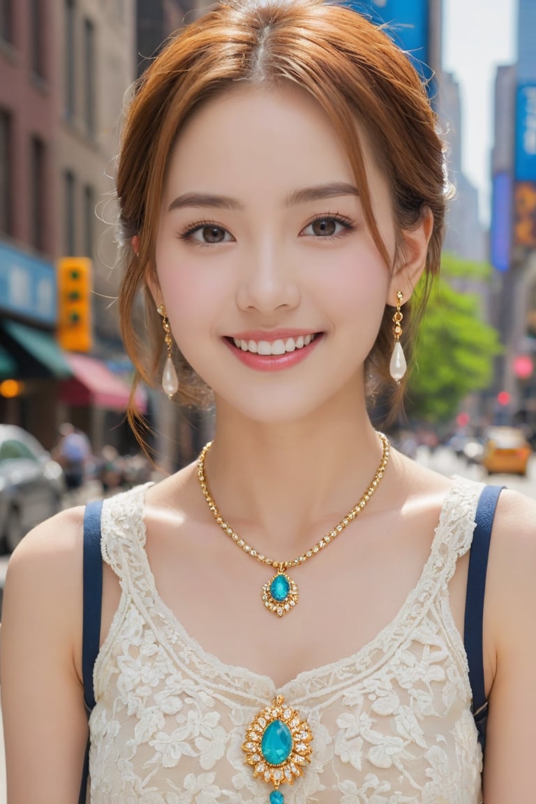 (1 22yo beauy girl), best quality, 8k, masterpiece, focus, perfect body beauty, highly detailed face and skin texture, delicate eyes, double eyelids, whitened skin,  Young beauty spirit, (bright smile), 
((The hair style and color is random, the necklace is random, the earrings are random, clothes style and color is random,  and the shoes are random, pose is random)). ((The background is to random New York's representative tourist destinations)), 
Ultra-clear, ultra-detailed, ultra-realistic, ((full body shot)), 