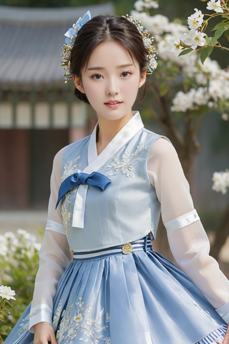 (1 23yo Korean star with royal sister style), ((best quality, 8k, masterpiece: 1.3)), focus: 1.2, perfect body beauty: 1.4, (smile: 1.2), (old palace in korea: 1.5), highly detailed face and skin texture, delicate eyes, double eyelids, whitened skin, (air bangs: 1.3), (round face: 1.5), hanbok (top light blue flower and white gold floral pattern sleeveless silk jeogori, intense white and light blue stripes silk very short skirt, The goreum of the jeogori is light blue:1.4), Lucky bag and norigae on the waist, Korea hanbok style, Top and bottom completely separated, random model pose, Head size in proportion to the body, Young beauty spirit, inkGirl, Hanbok, clear border, Clothing made of very thin silk, full body shot, FilmGirl, xxmix_girl, kwon-nara, cutegirlmix,cutegirlmix,kwon-nara, Asian Girl, Asian Woman