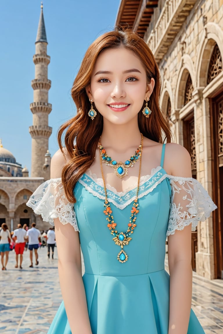 (1 22yo beauy girl), best quality, 8k, masterpiece, focus, perfect body beauty, highly detailed face and skin texture, delicate eyes, double eyelids, whitened skin,  Young beauty spirit, (bright smile), 
((The hair style and color is random, the necklace is random, the earrings are random, clothes style and color is random,  and the shoes are random, pose is random)). ((The background is randomly selected from famous tourist attractions in Turkiye)), The overall atmosphere is bright and colorful.
Ultra-clear, ultra-detailed, ultra-realistic, ((full body shot)), ,aesthetic portrait,photo r3al,photo_b00ster