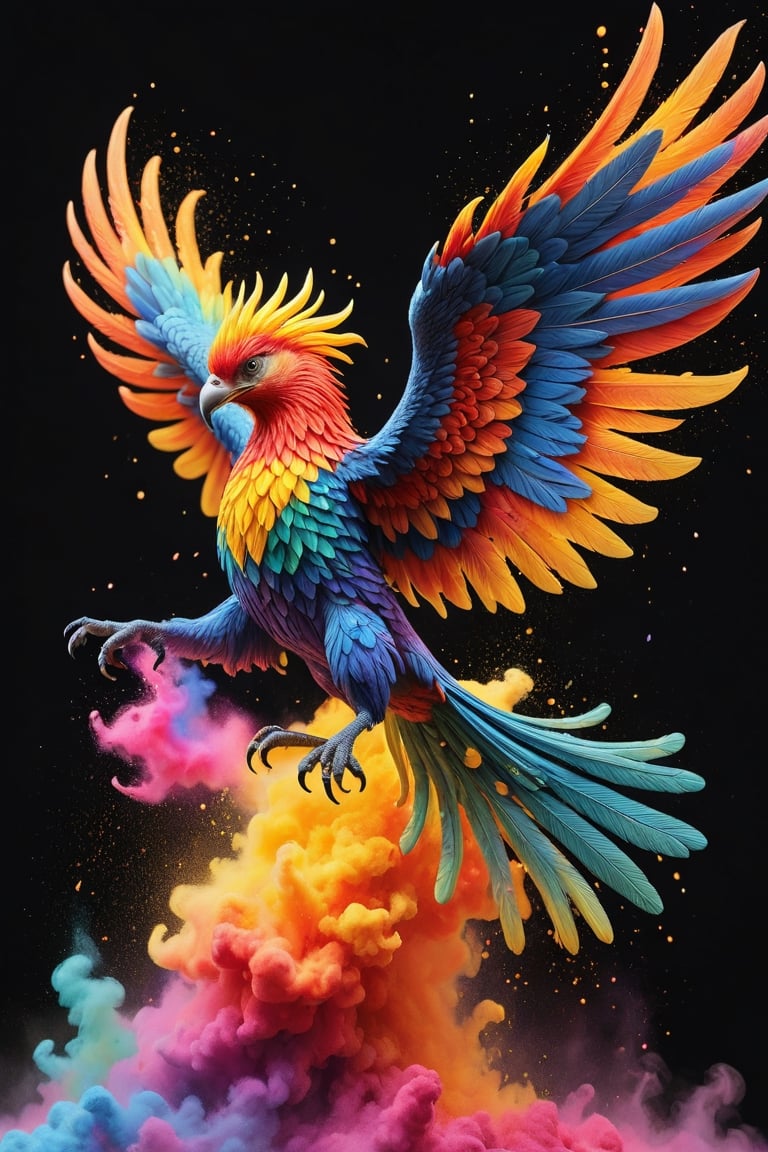 A blazing phoenix is flying in the sky, its entire body surrounded by flames.
The background shows rainbow-colored powder spreading like an explosion. 
It is so ridiculous that it is hard to distinguish the front,

Ultra-detailed, ultra-realistic, Ultra clear, full body shot, Distant view,