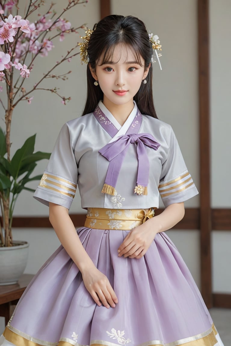 (1 23yo Korean star with royal sister style), ((best quality, 8k, masterpiece: 1.3)), focus: 1.2, perfect body beauty: 1.4, (smile: 1.2), (old palace in korea: 1.5), highly detailed face and skin texture, delicate eyes, double eyelids, whitened skin, (air bangs: 1.3), (round face: 1.5), hanbok (top light gray and gold floral pattern short sleeve silk jeogori, intense light purple and white stripes silk very mini skirt, The goreum of the jeogori is light gray:1.4), Lucky bag and norigae on the waist, Korea hanbok style, Top and bottom completely separated, random model pose, Head size in proportion to the body, Young beauty spirit, inkGirl, Hanbok, clear border, Clothing made of very thin silk, ((full body shot1.2)), FilmGirl, xxmix_girl, kwon-nara, cutegirlmix,cutegirlmix,kwon-nara, Asian Girl, Asian Woman