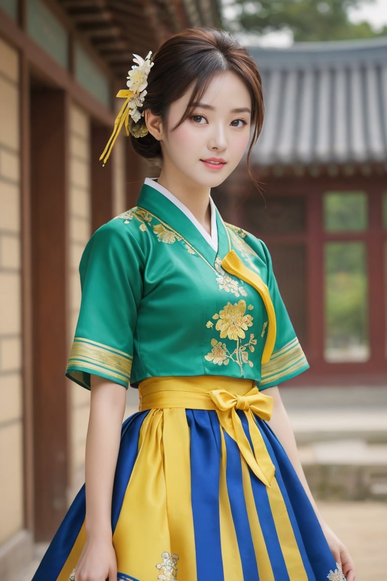 (1 23yo Korean star with royal sister style), ((best quality, 8k, masterpiece: 1.3)), focus: 1.2, perfect body beauty: 1.4, (smile: 1.2), (old palace in korea: 1.5), highly detailed face and skin texture, delicate eyes, double eyelids, whitened skin, (air bangs: 1.3), (round face: 1.5), hanbok (top gold and yellow floral pattern short sleeve silk jeogori, intense green and blue stripes silk very mini skirt, The goreum of the jeogori is gold:1.4), Lucky bag and norigae on the waist, Korea hanbok style, Top and bottom completely separated, random model pose, Head size in proportion to the body, Young beauty spirit, inkGirl, Hanbok, clear border, Clothing made of very thin silk, ((full body shot1.2)), FilmGirl, xxmix_girl, kwon-nara, cutegirlmix,cutegirlmix,kwon-nara, Asian Girl, Asian Woman