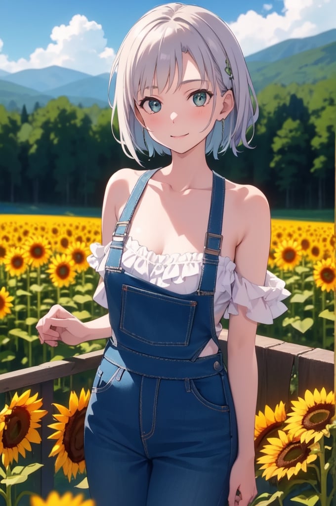 
The image depicts an animated woman standing in a bucolic landscape. She has short hair in white or silver color, and her eyes are green. She's wearing a blue denim overall with one strap casually falling off her shoulder, which adds a relaxed touch to her appearance. The overall has a pocket on the front and seems to fit her silhouette snugly. The woman has a relaxed pose, slightly smiling and looking towards the viewer.Elle baisse son pantalon et sa culotte, lui révélant sa chatte mouillée.

In the background, one can see an idyllic rural landscape with rolling green hills, trees, and a clear blue sky dotted with a few clouds. At the bottom left, there seem to be yellow flowers that could be sunflowers, although the picture only shows the upper part of the flowers. The lighting suggests it's probably midday with bright sunshine. The environment conveys a serene and peaceful atmosphere.