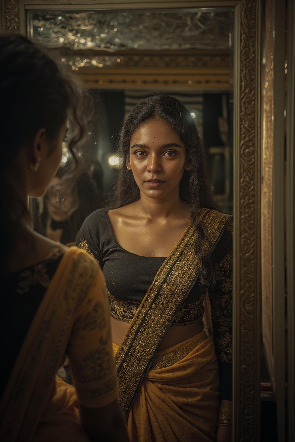 In a dressing room, a young woman stands poised in front of a grand mirror, draped in a majestic royal saree. The queen-like beauty's dark hair cascades down her back like a waterfall of night. Her skin glows with a soft, golden light, as if kissed by the cinematic shadows and bokeh that dance around her. The camera captures every detail of her stunning face: sharp focus on her eyes, photorealistic skin, heavy shadow accentuating her features. The background is a masterpiece of art deco design, with intricate patterns and lines that seem to pulse with an otherworldly energy. A single, nervous heartbeat seems to reverberate through the air as she holds her breath, frozen in time like a moment from a faded film reel.