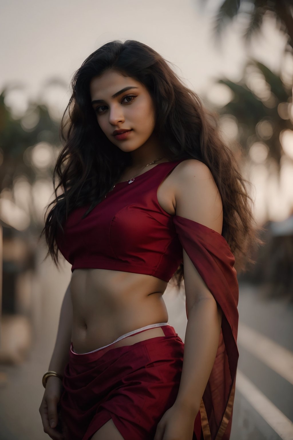 Raw photo, realistic, 20 year old  woman,   thick waist, long curly brown hair,, movie scene, cinematic, navel hole, high-quality, ultra-detailed, professionally color graded, professional photography.  ( hard light:1.2), (volumetric:1.2), well-lit, double exposure, award-winning photograph, happy_face, Fast shutter speed, 1/1000 sec shutter, salwar, red cloth, sleeveless,18 year old girl,1 girl,CyberpunkWorld,Sexy Pose,Chubby aunty