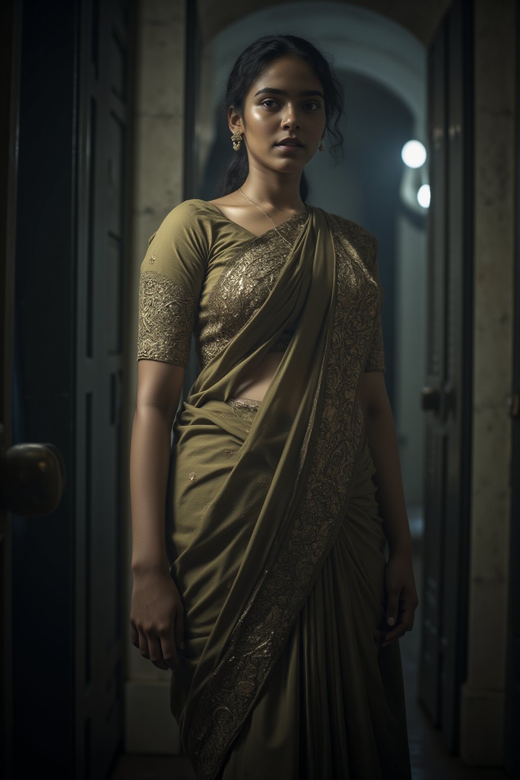 Casual photo of a young woman in dressing room, royal saree, queen, masterpiece,Girl22cinematic angle, (cinematic shadows, bokeh, depth of field:1.3) , (High detail RAW Photo), (extremely detailed skin, photorealistic, heavy shadow, dramatic and cinematic lighting, key light, fill light), sharp focus, cinematic, imperfect skin, fabrics, textures, detailed face, detailed skin, detailed fingers, NaturalHand2-3500, analog film photo Deep photo,depth of field,ferrania p30 film,shadows, perfect face and body, dimly lit, nervous, harsh camera flash, faded film, desaturated, 35mm photo, grainy, Kodachrome, Lomography, stained, highly detailed, found footage,, (black hair,
A flapper girl stands poised in a smokey atmosphere, bathed in ethereal light that accentuates her stunning features. Her fair skin glows under cinematic lighting, as she gazes directly into the camera with perfect eyes and a beautiful nose.  framing her face. The background is a masterpiece of art deco design, with intricate details and complex patterns that seem to leap off the screen in hyper-maximalist fashion. The subject's full-body is dressed in elaborate attire, with detailed decoration and lines that exude opulence. In stunning HDR and UHD, this unreal engine creation pops with gorgeous light and shadow.,