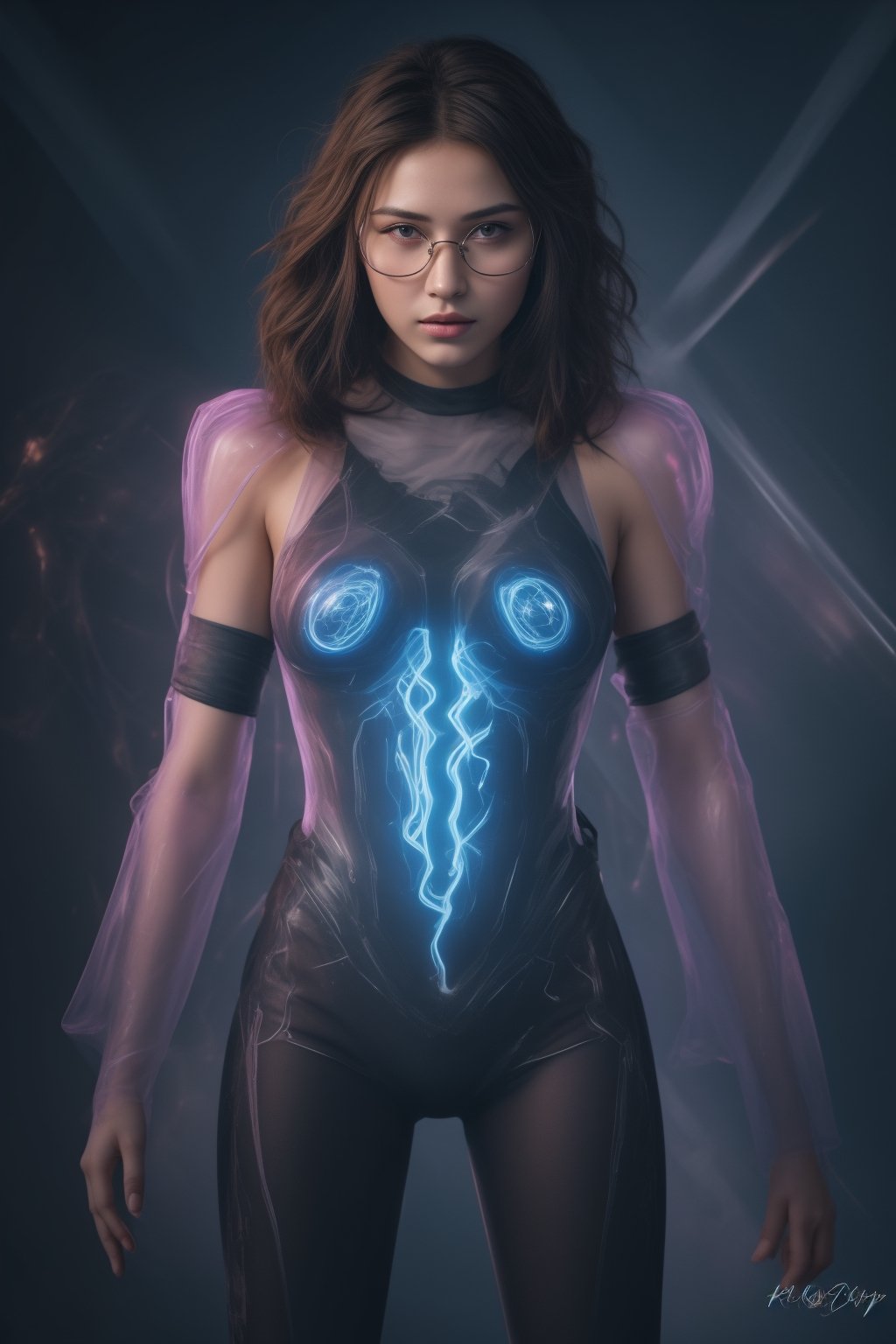 (best quality, 4k, 8k, highres, masterpiece:1.2), ultra-detailed, physically-based rendering, professional, vivid colors, bokeh, cyborg girl, made only glass, neon cables, gears, transparent body, mechanical details, glowing eyes, reflective surface, subtle reflections, ethereal, luminous, metallic highlights, sci-fi, futuristic, neon lights, blue and purple color palette, dynamic lighting,Mallu girl,photo r3al,Brown tone Beauty,cyberpunk glasses