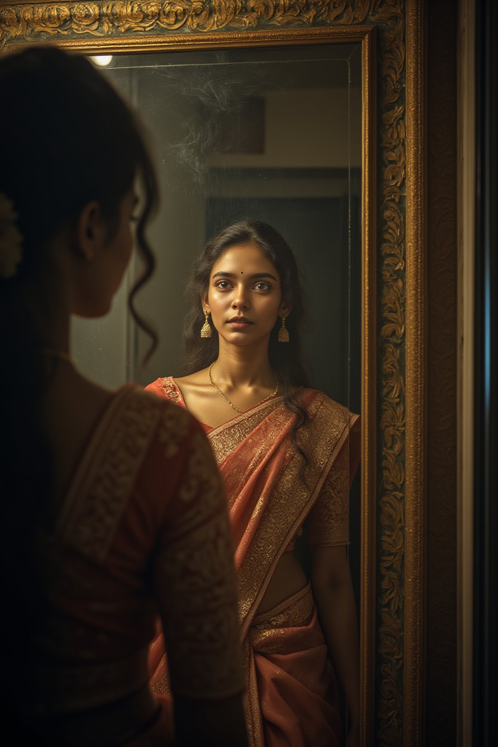 In a dressing room, a young woman stands poised in front of a grand mirror, draped in a majestic royal saree. The queen-like beauty's dark hair cascades down her back like a waterfall of night. Her skin glows with a soft, golden light, as if kissed by the cinematic shadows and bokeh that dance around her. The camera captures every detail of her stunning face: sharp focus on her eyes, photorealistic skin, heavy shadow accentuating her features. The background is a masterpiece of art deco design, with intricate patterns and lines that seem to pulse with an otherworldly energy. A single, nervous heartbeat seems to reverberate through the air as she holds her breath, frozen in time like a moment from a faded film reel.