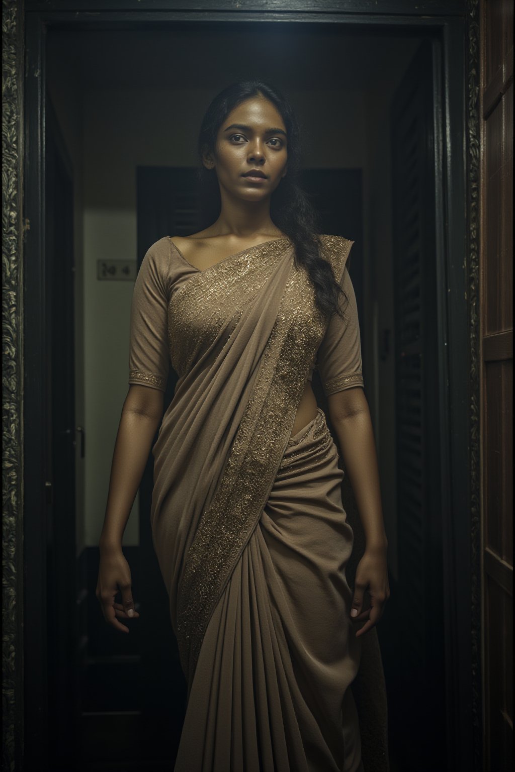 Casual photo of a young woman in dressing room, royal saree, queen, masterpiece,Girl22cinematic angle, (cinematic shadows, bokeh, depth of field:1.3) , (High detail RAW Photo), (extremely detailed skin, photorealistic, heavy shadow, dramatic and cinematic lighting, key light, fill light), sharp focus, cinematic, imperfect skin, fabrics, textures, detailed face, detailed skin, detailed fingers, NaturalHand2-3500, analog film photo Deep photo,depth of field,ferrania p30 film,shadows, perfect face and body, dimly lit, nervous, harsh camera flash, faded film, desaturated, 35mm photo, grainy, Kodachrome, Lomography, stained, highly detailed, found footage,, (black hair,
A flapper girl stands poised in a smokey atmosphere, bathed in ethereal light that accentuates her stunning features. Her fair skin glows under cinematic lighting, as she gazes directly into the camera with perfect eyes and a beautiful nose.  framing her face. The background is a masterpiece of art deco design, with intricate details and complex patterns that seem to leap off the screen in hyper-maximalist fashion. The subject's full-body is dressed in elaborate attire, with detailed decoration and lines that exude opulence. In stunning HDR and UHD, this unreal engine creation pops with gorgeous light and shadow.,