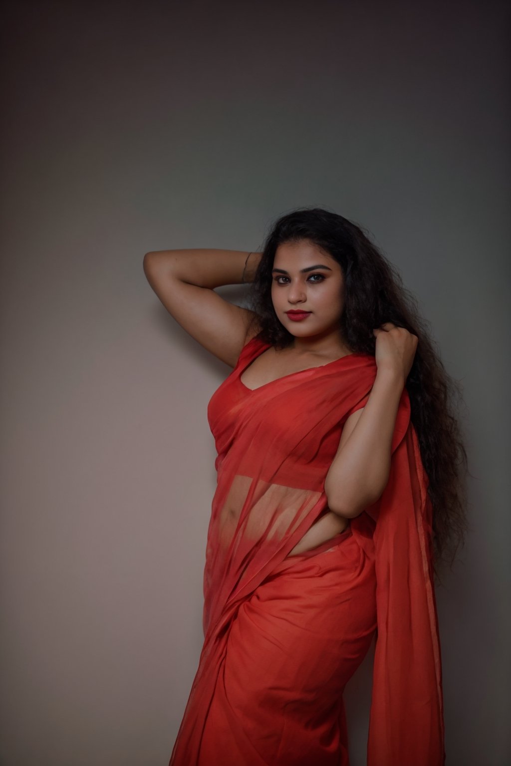 Raw photo, realistic, 28 year old  woman,   thick waist, long curly brown hair,, movie scene, cinematic, navel hole, high-quality, ultra-detailed, professionally color graded, professional photography. Chubby face,  thick waist, ( hard light:1.2), (volumetric:1.2), well-lit, double exposure, award-winning photograph, happy_face, Fast shutter speed, 1/1000 sec shutter, salwar, sleeveless,28 year old girl,1 girl,CyberpunkWorld,Sexy Pose,Chubby aunty