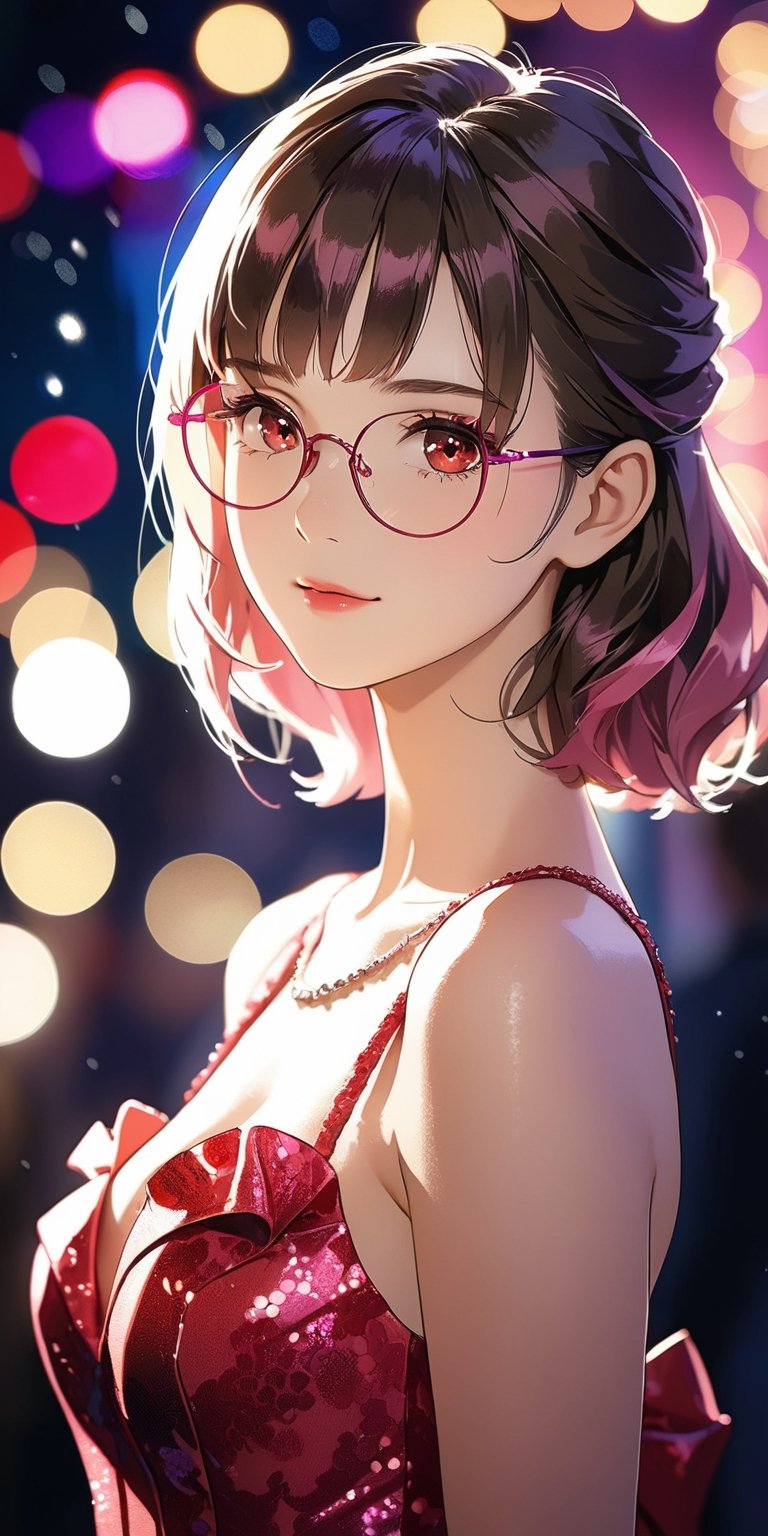 //Quality, Masterpiece, Top Quality, Official Art, Aesthetic and Beautiful, 16K, highest definition, high resolution, 
//Person, (1girl, solo), portrait, beautiful red eyes, beautiful skin, shyly face, 
//Others, wear pink dress, purple glasses, sexy outfit, (Bokeh, Sharp Focus), view from side, cinematic lighting, looking at viewer, 
