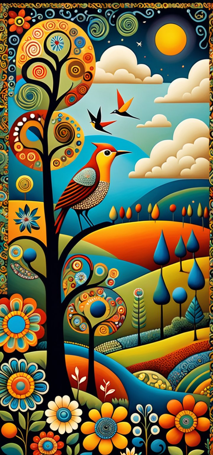 A mysterious bird, in the style of Edward Saidi Tingatinga, whimsical folk art. surreal naive art style illustration, whimsical scene, swirling patterns of (trees, clouds, field, flowers), detailed patterns of trees, circular designs on branches, interspersed animals, fractal elements within the patchwork gardens, aesthetic touches, ultrafine detail.