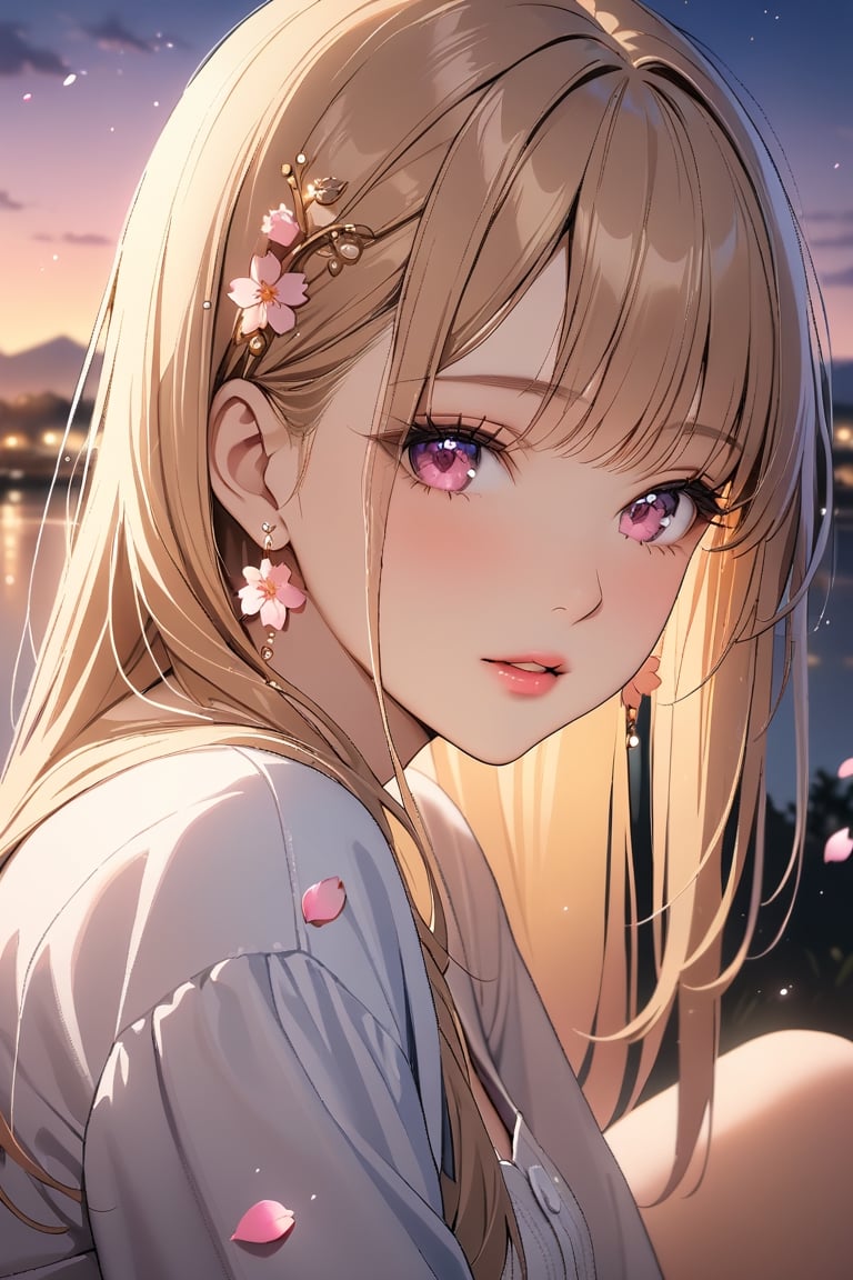 1girl, solo, ((sitting)), long hair, looking at viewer, blush, bangs, hair ornament, jewelry, pink eyes, himecut, blonde straight hair, earrings, parted lips, blurry, lips, ((evening)), eyelashes, portrait, light particles, ((masterpiece)), excellent quality, high resolution, light particles, landscape in background, ((sakura petals in air:1.4)), full body shot,