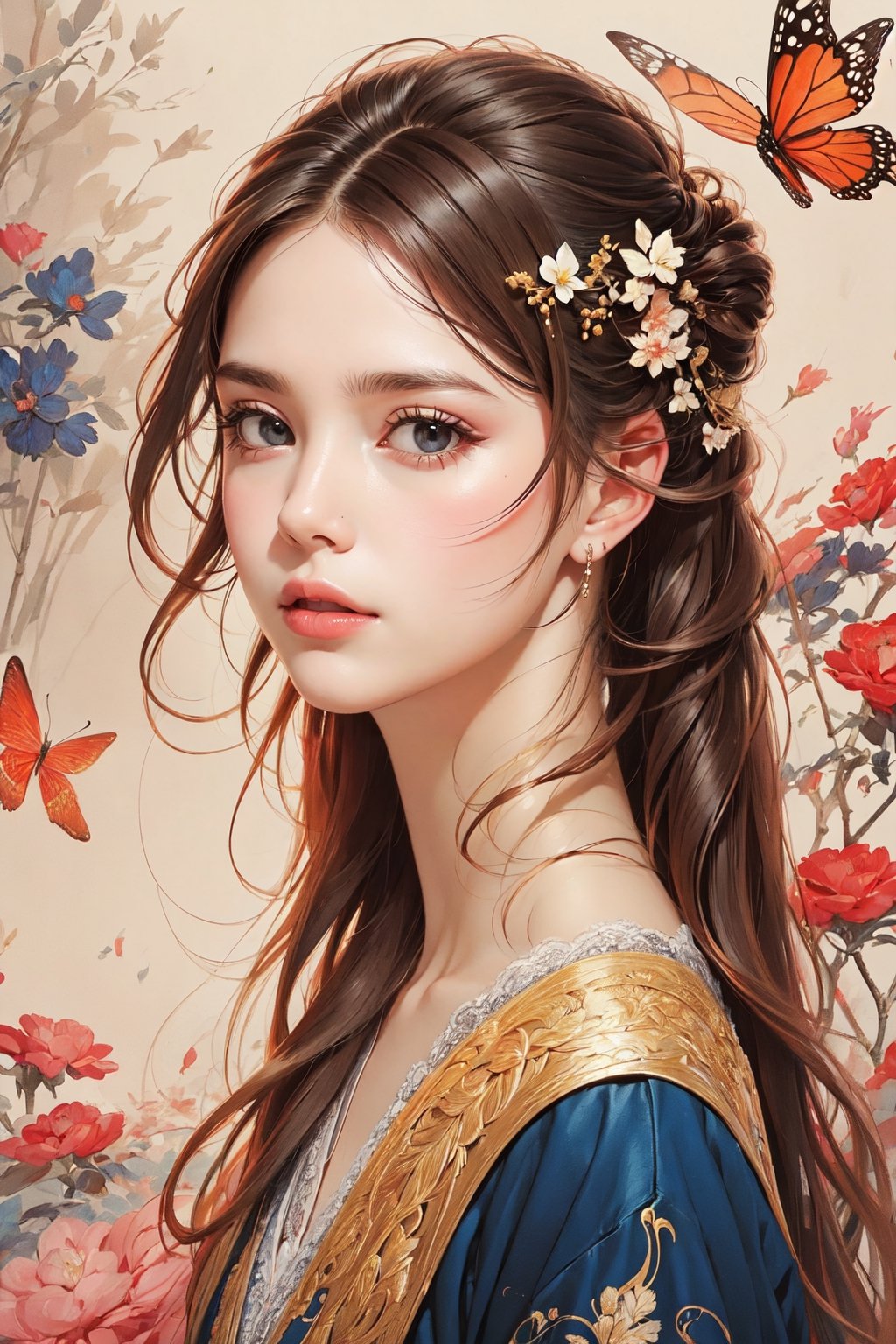 A girl, Mucha style, butterflies, art nouveau styles, gold and white and red hue, (dramatic lighting, ethereal light, intricate details, extremely detailed, incredible details, full colored), complex details, hyper maximalist, gorgeous light and shadow, detailed decoration, detailed lines. masterpiece, best quality, HDR, UHD, unreal engine, looking at viewer, fair skin, beautiful face, (photo background), depth of field, bokeh,