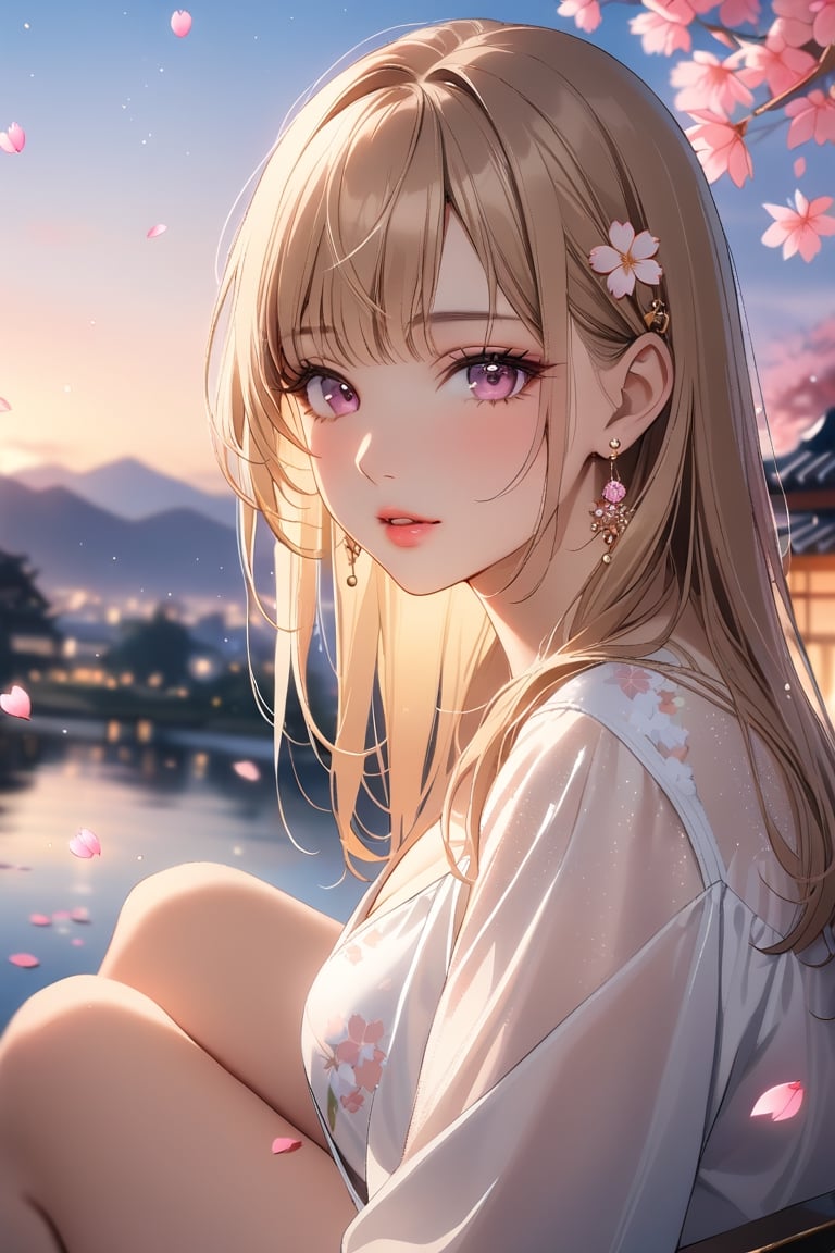 1girl, solo, ((sitting)), long hair, looking at viewer, blush, bangs, hair ornament, jewelry, pink eyes, himecut, blonde straight hair, earrings, parted lips, blurry, lips, ((evening)), eyelashes, portrait, light particles, ((masterpiece)), excellent quality, high resolution, light particles, landscape in background, ((sakura petals in air:1.4)), full body shot,