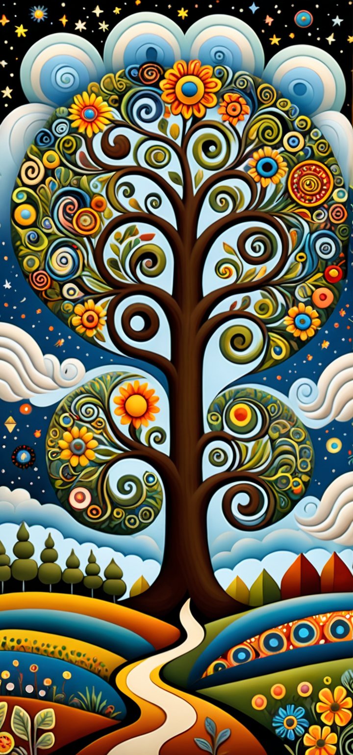 A mysterious tree of life, in the style of Edward Saidi Tingatinga, whimsical folk art. surreal naive art style illustration, whimsical scene, swirling patterns of (trees, clouds, field, flowers), detailed patterns of trees, circular designs on branches, interspersed animals, fractal elements within the patchwork gardens, aesthetic touches, ultrafine detail.