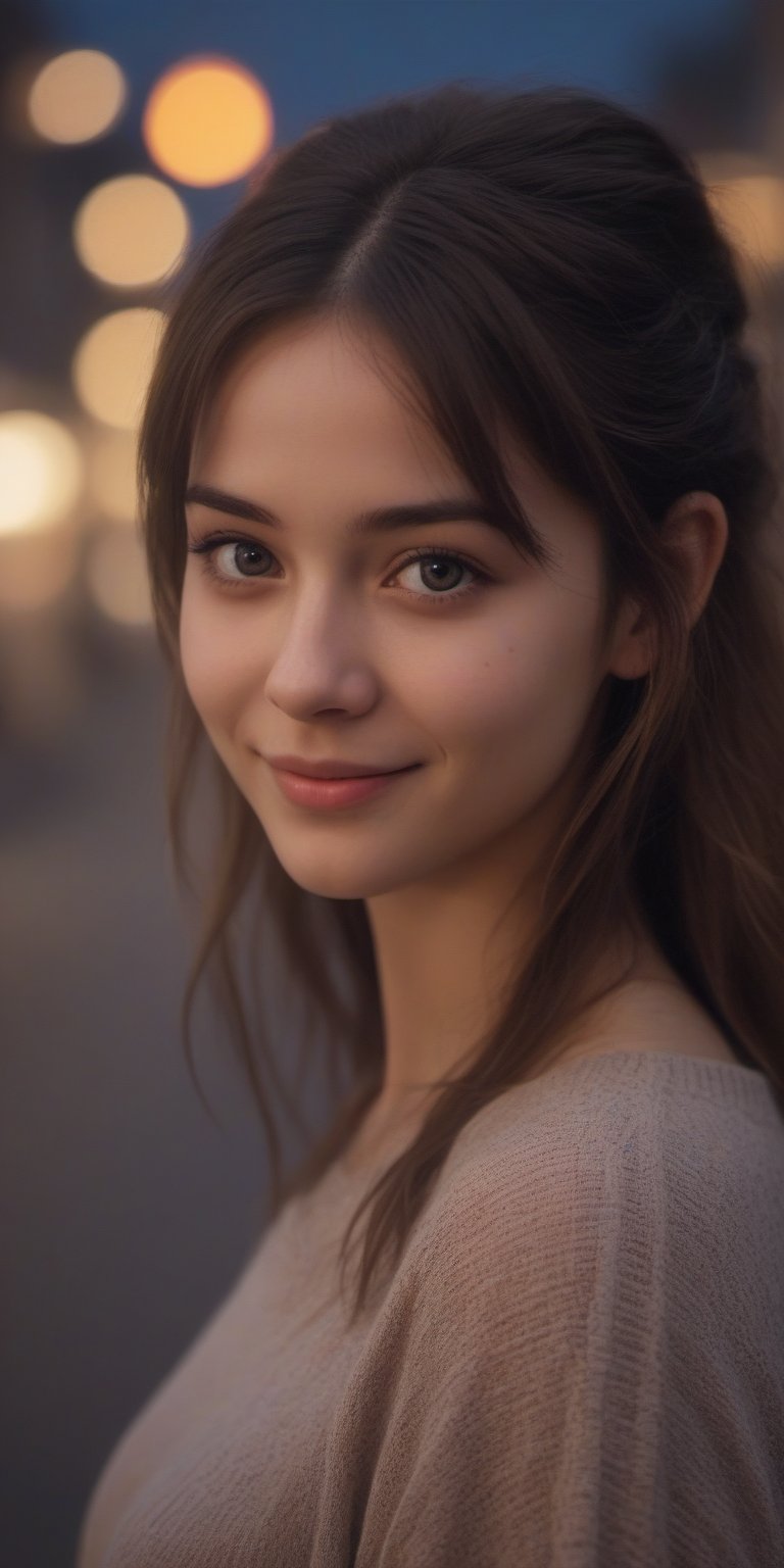 1 girl, aesthetic portrait, medium hair, detailed beautiful eyes, little smile, bokeh, depth of field, nightstreet, Photo Realistic, Extremely Realistic, cinematic lighting, 