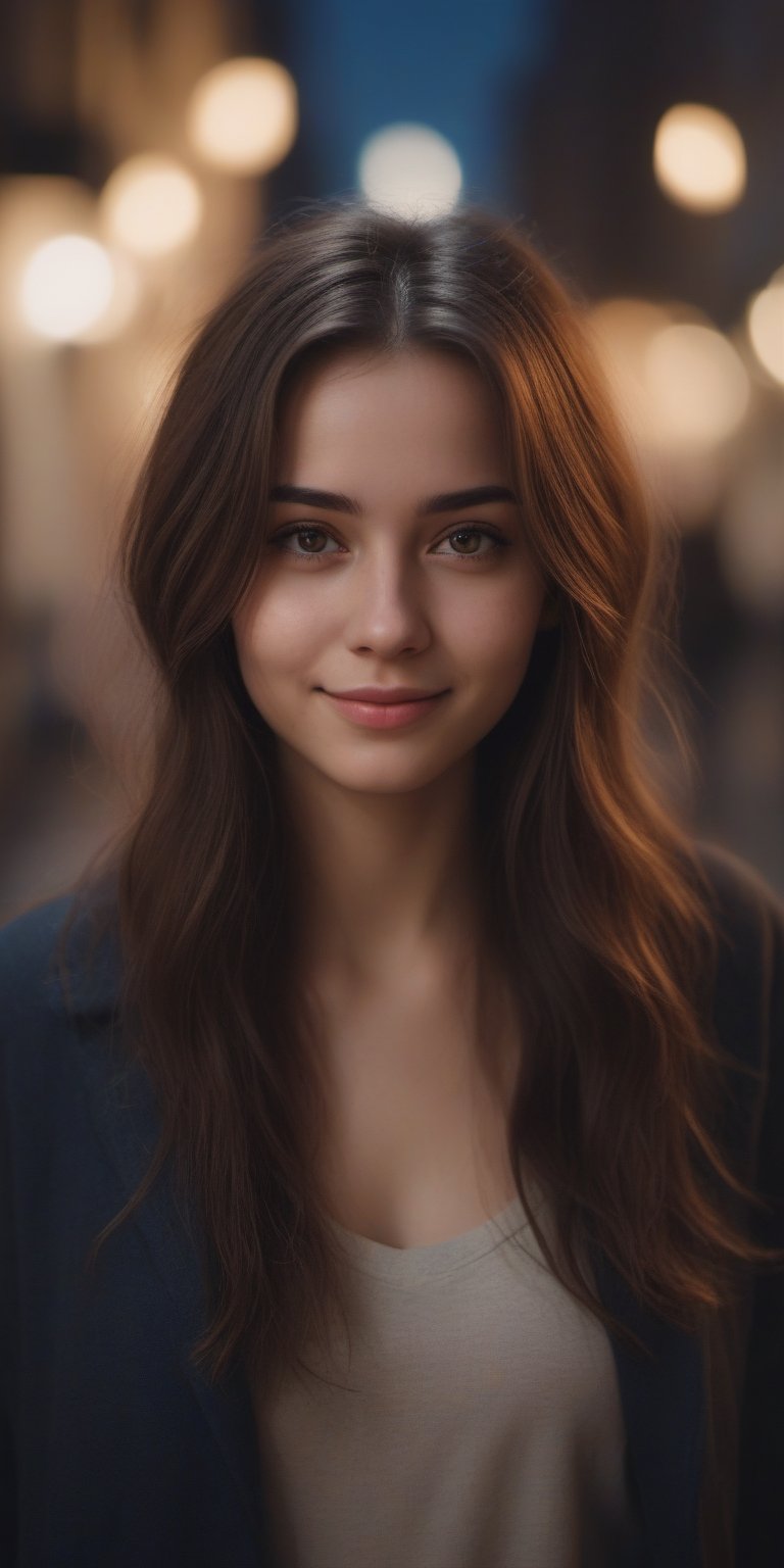 1 girl, aesthetic portrait, medium hair, detailed beautiful eyes, little smile, bokeh, depth of field, nightstreet, Photo Realistic, Extremely Realistic, cinematic lighting, 