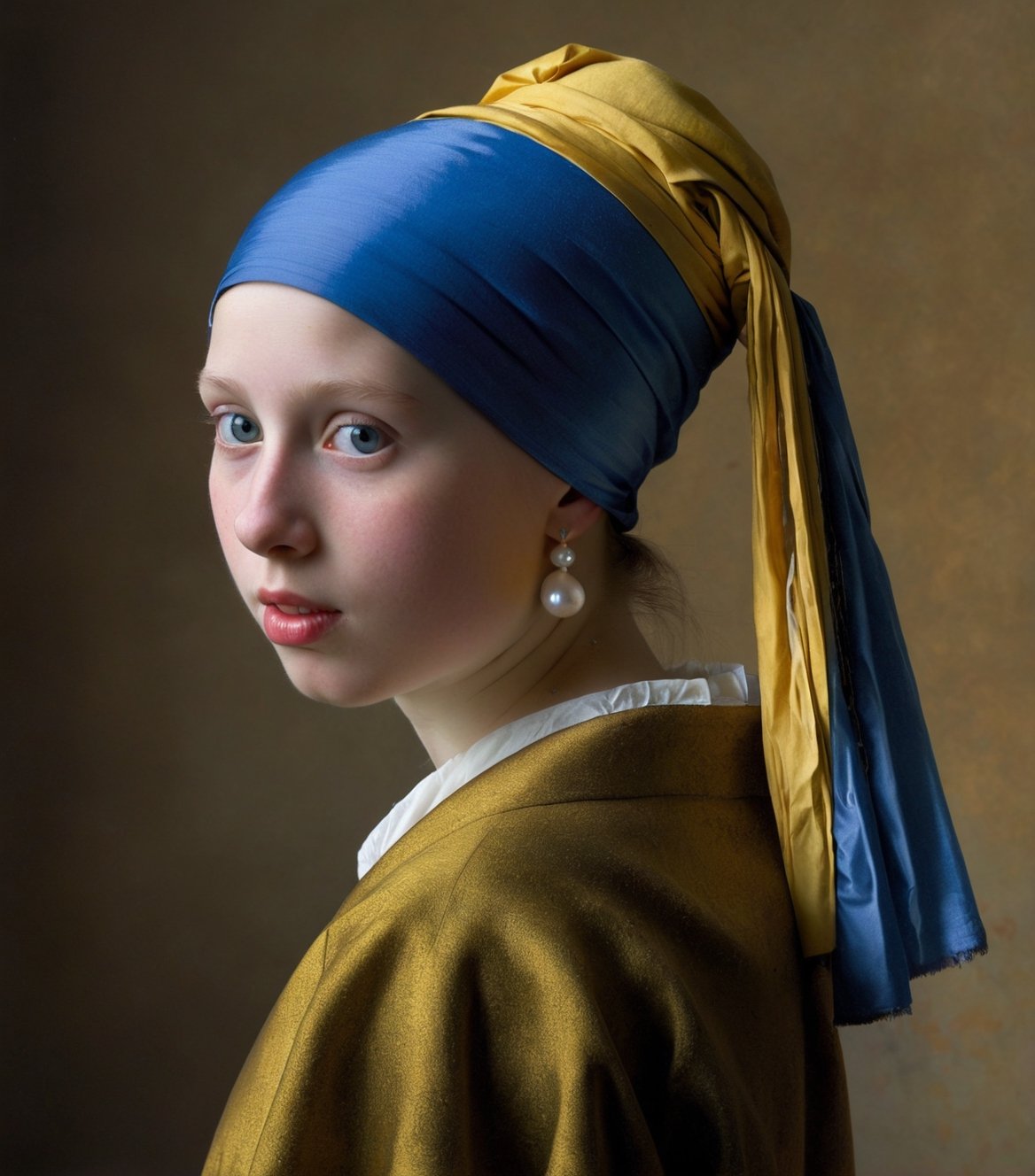 Girl with a Pearl Earring, Johannes Vermeer.
14 years old girl, Tilting head, only little open mouth, waist up portrait, (look from side:0.5), ((looking at viewer)).
