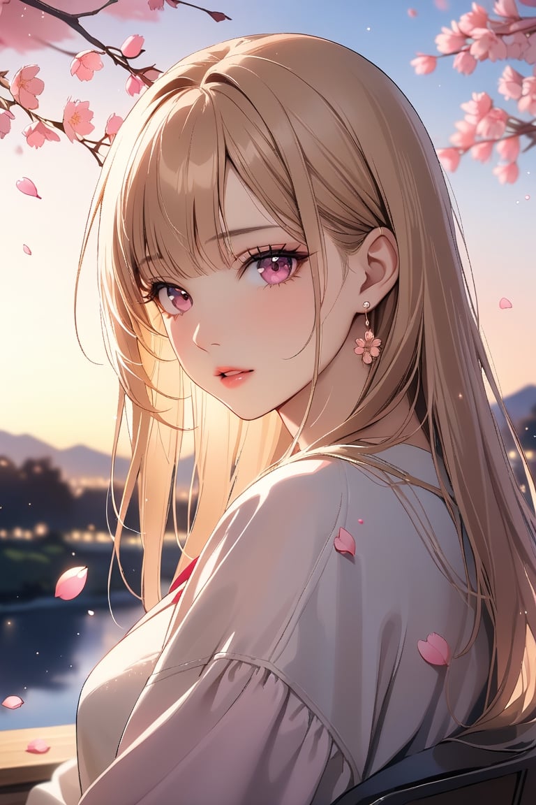 1girl, solo, ((sitting)), long hair, looking at viewer, blush, bangs, hair ornament, jewelry, pink eyes, himecut, blonde straight hair, earrings, parted lips, blurry, lips, ((evening)), eyelashes, portrait, light particles, ((masterpiece)), excellent quality, high resolution, light particles, landscape in background, ((sakura petals in air:1.4)), full body shot,